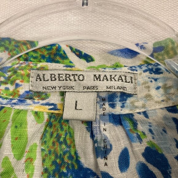 Alberto Makali Blue Green Abstract Artsy 100% Linen Button Down Large Resort - Picture 2 of 10